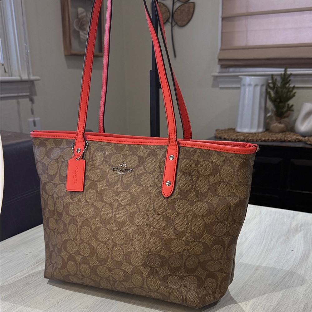 Coach Brown and Coral 🪸 Signature Tote Bag